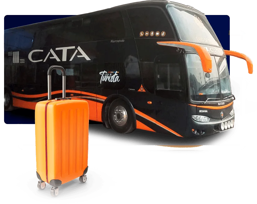 Bus de dos pisos de Expreso Cata con una maleta naranja